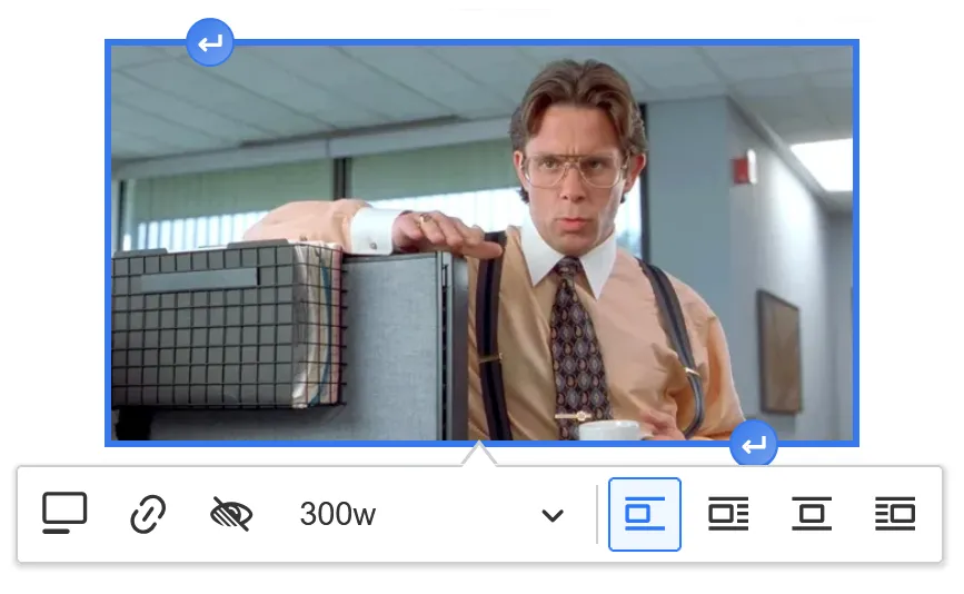 The toolbar that appears when clicking on a prexisting image in CKEditor.